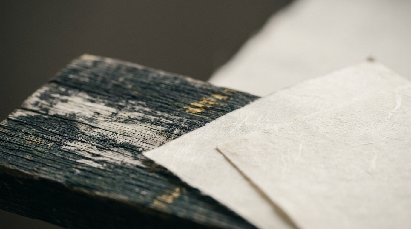 Primer plano de una tabla de madera oscura desgastada, con la pintura agrietada, junto a hojas superpuestas de papel japonés artesanal texturizado sobre una mesa.
