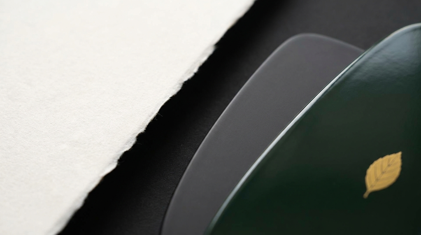 Primer plano de papel blanco hecho a mano y desgarrado junto a una superficie lacada en verde oscuro brillante con un pequeño motivo de pan de oro, y un objeto curvo de color gris entre ambos sobre fondo negro.